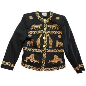 Vintage 80s Black Gold Wool Blazer 6 Lions Tigers Giraffe Corporate Office Retro